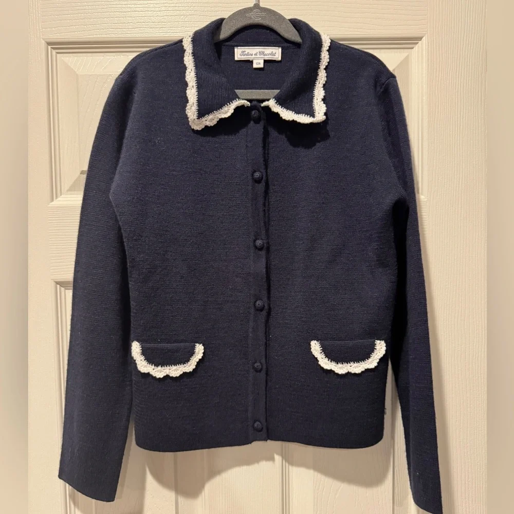 Tartine et Chocolat Navy Cardigan with White Trim